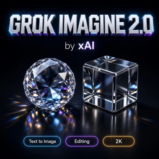 Flat 2D square graphic design cover, background covers 100% edge-to-edge, no frame, no border, no mockup. Bold glowing modern 3D typography reading "GROK IMAGINE 2.0" centered near the top, crisp and perfectly legible, EXACTLY ONE line, appears only once. Directly under it a small clean tag "by xAI". Below it a premium studio still life: a faceted crystal sphere and a chrome cube on a dark reflective surface, hard studio key light with soft rim, deep shadows, telephoto compression, immaculate reflections and caustics. Near the bottom a clean row of small glowing rounded feature badges with short legible labels: "Text to Image", "Editing", "2K". High detail, flagship product photography finish, perfectly legible text.