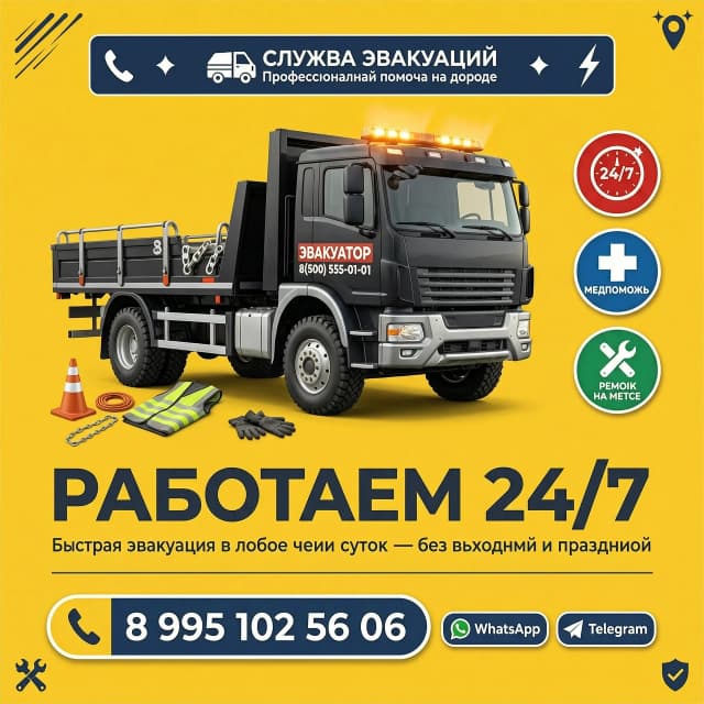 На жёлтом фоне фото эвакуатора и надпись работаем 24/7
89951025606