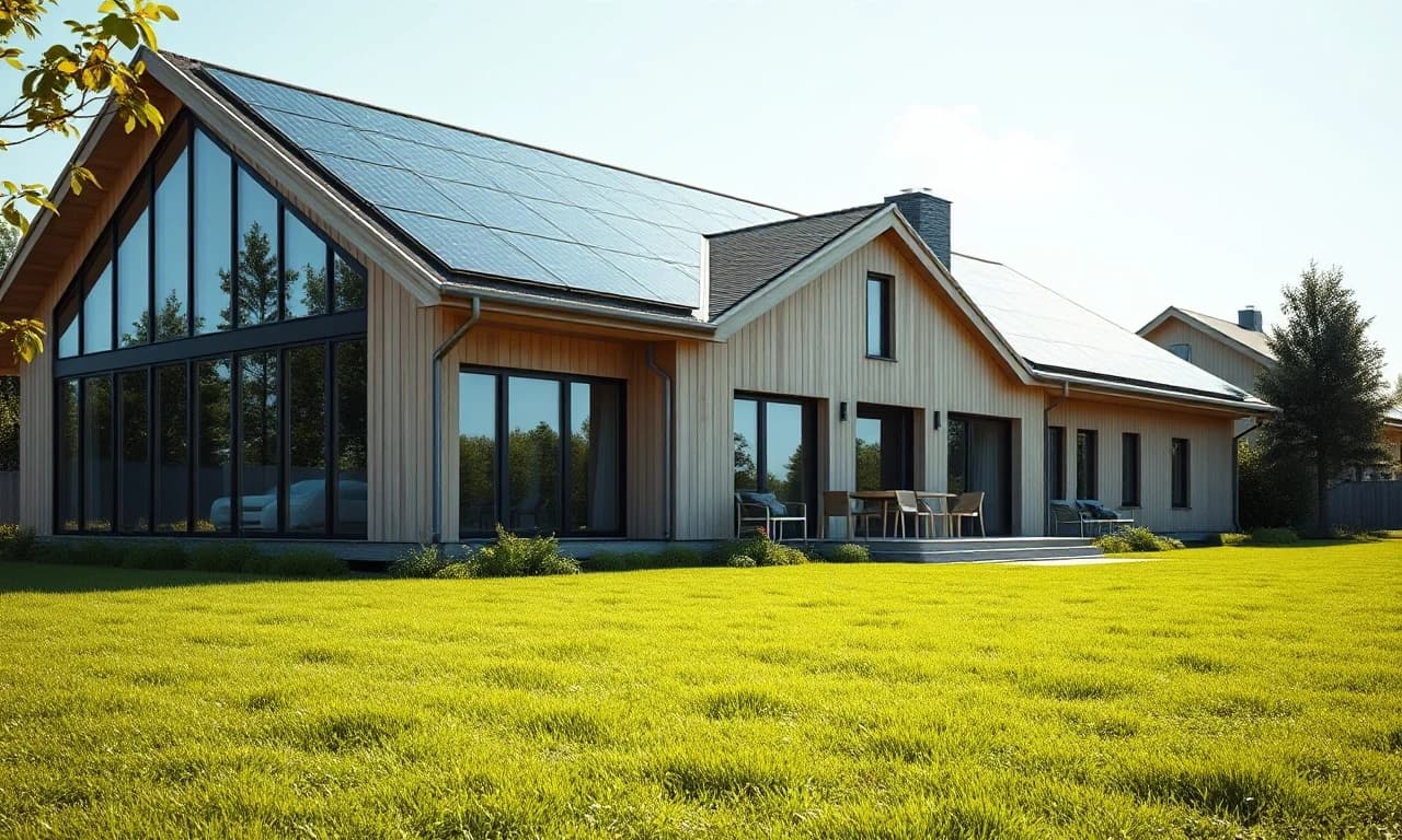 A beautiful realistic modern frame house on a sunny day in Krasnodar region, angled view. Huge clean panoramic windows, elegant light-brown timber facade, high-end construction quality. Modern eco-friendly design with sleek black solar panels on the roof reflecting the sunlight. Perfectly mowed green lawn in front. Crisp focus, professional architectural magazine style, 8k, highly detailed.