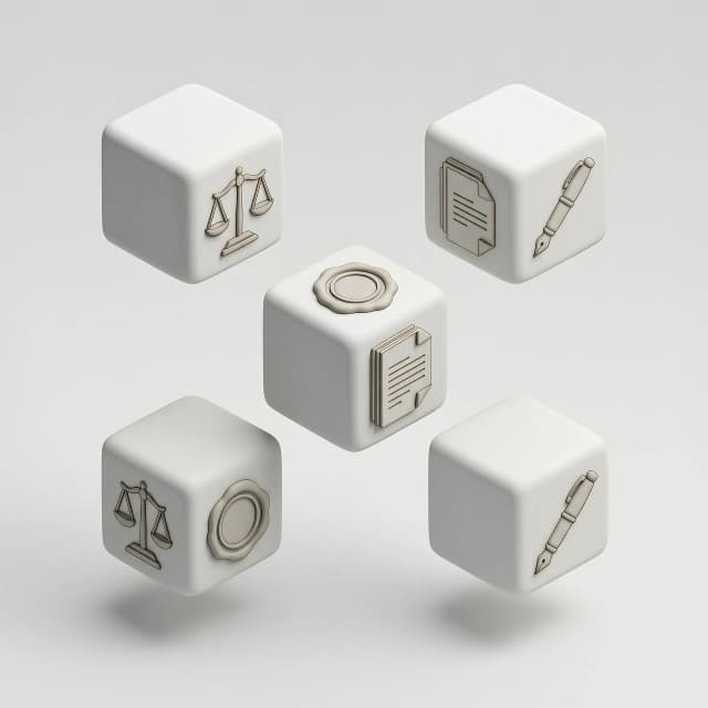 3D isometric composition of minimalist matte white cubes floating in a clean, studio space. Each cube features high-quality, embossed or debossed icons related to legal entity registration and liquidation: a stylized scale of justice, a professional wax seal, a stack of legal documents, and a signature pen. The aesthetic is ultra-modern, clean, and corporate, utilizing a soft claymorphism style with smooth rounded edges. Soft, diffused global illumination creates gentle ambient occlusion shadows, emphasizing the volumetric form of the cubes. High-end Octane Render style, 8k resolution, macro photography perspective, soft shadows, pure white background, professional motion graphics aesthetic, sharp focus on icon details, minimal and sophisticated atmosphere.