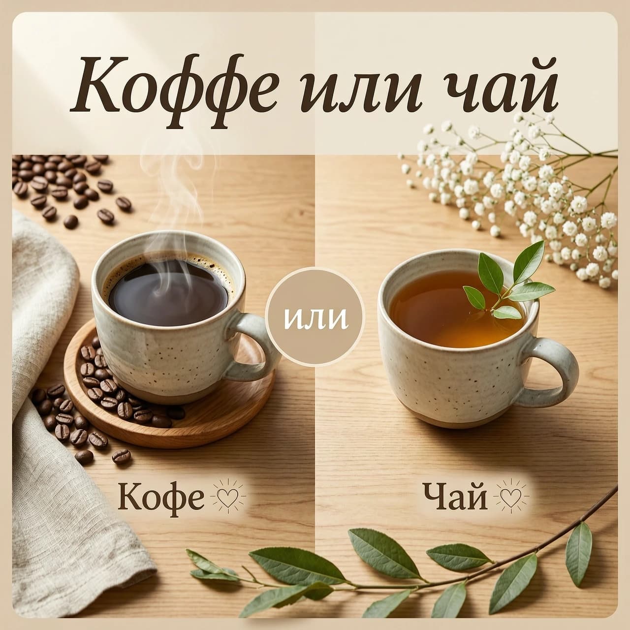 Фотореалистичная композиция «Кофе или чай» в стиле hygge, единая тёплая цветовая гамма (бежевый, кремовый, оливковый, тёплый коричневый), мягкий рассеянный свет, 8K.

Кадр поделён вертикальной линией на две части: слева — красивая кружка с чёрным кофе, лёгкий пар, вокруг — кофейные зёрна на деревянной подставке, слева — небрежно сложенная льняная ткань; справа — аналогичная чашка с чаем, веточка свежей зелени, на фоне — гипсофила

В верхней части — крупная надпись курсивом «Кофе или чай». По центру между словами — круг бежевого оттенка с белой надписью «или». Под словами «Кофе» и «Чай» — минималистичные сердечки с лучами.

Внизу — изящная веточка с листьями, она плавно завершает композицию и поддерживает единую палитру.

Сбалансированная композиция, проработанные текстуры (керамика, дерево, ткань), уютная и гармоничная атмосфера.