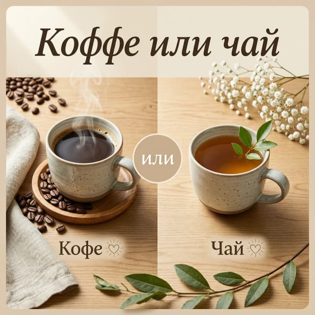 Фотореалистичная композиция «Кофе или чай» в стиле hygge, единая тёплая цветовая гамма (бежевый, кремовый, оливковый, тёплый коричневый), мягкий рассеянный свет, 8K.

Кадр поделён вертикальной линией на две части: слева — красивая кружка с чёрным кофе, лёгкий пар, вокруг — кофейные зёрна на деревянной подставке, слева — небрежно сложенная льняная ткань; справа — аналогичная чашка с чаем, веточка свежей зелени, на фоне — гипсофила

В верхней части — крупная надпись курсивом «Кофе или чай». По центру между словами — круг бежевого оттенка с белой надписью «или». Под словами «Кофе» и «Чай» — минималистичные сердечки с лучами.

Внизу — изящная веточка с листьями, она плавно завершает композицию и поддерживает единую палитру.

Сбалансированная композиция, проработанные текстуры (керамика, дерево, ткань), уютная и гармоничная атмосфера.