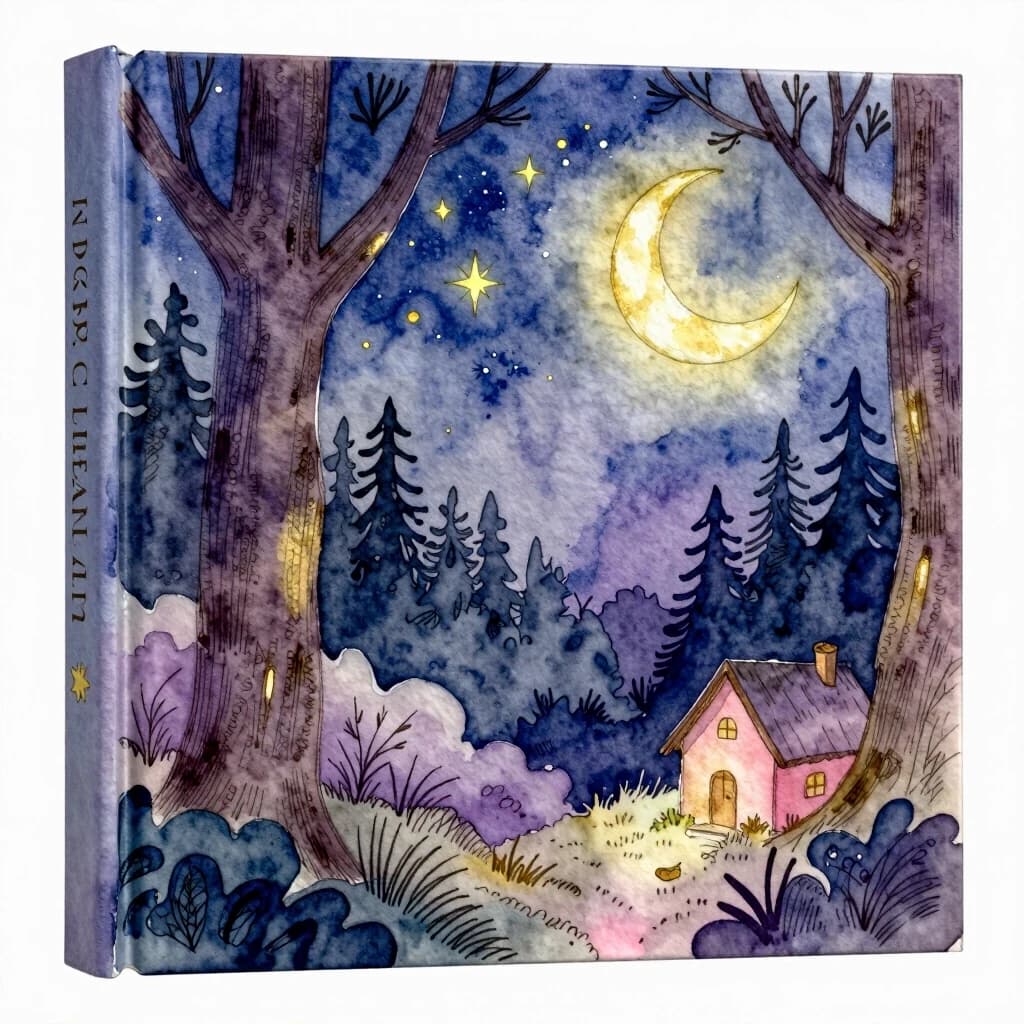 Обложка детской книги, выполненная в стиле классической книжной акварельной иллюстрации с мягкими переходами цвета и деликатными штрихами туши. Композиция представляет собой уютный ночной лесной пейзаж в мягком свете мерцающих звезд и полумесяца. Визуальный стиль характеризуется выраженной текстурой акварельной бумаги, нежной пастельной палитрой (глубокий индиго, лавандовый, мягкий золотистый и приглушенный розовый) и техникой лессировки. Освещение рассеянное, лунное, создающее атмосферу абсолютного спокойствия, умиротворения и нежности. Высокая детализация штриховки, художественная эстетика старинных сказочных изданий.