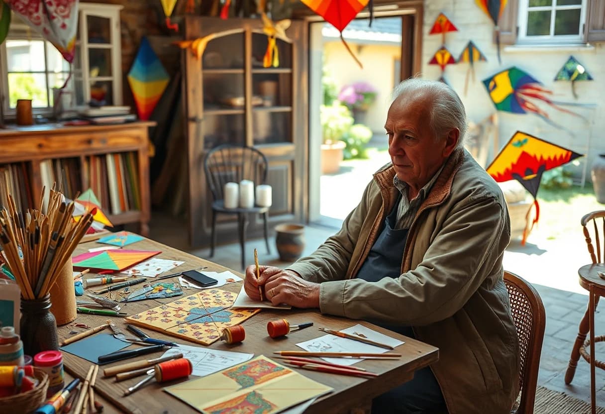 An elderly master kite maker sits at a large rustic wooden table in a charming workshop courtyard beside an old house. Dozens of unusual handmade kites surround him: birds, butterflies, dragons and colorful diamond-shaped kites. He carefully stretches fine strings and decorates a new kite with intricate patterns. Wooden sticks, spools of thread, brushes, paper and paints cover the table. Through the open workshop door, a sunny summer garden can be seen. Authentic craftsmanship, creativity and childhood dreams. Richly detailed scene, warm sunlight, cinematic photorealism, vertical composition.