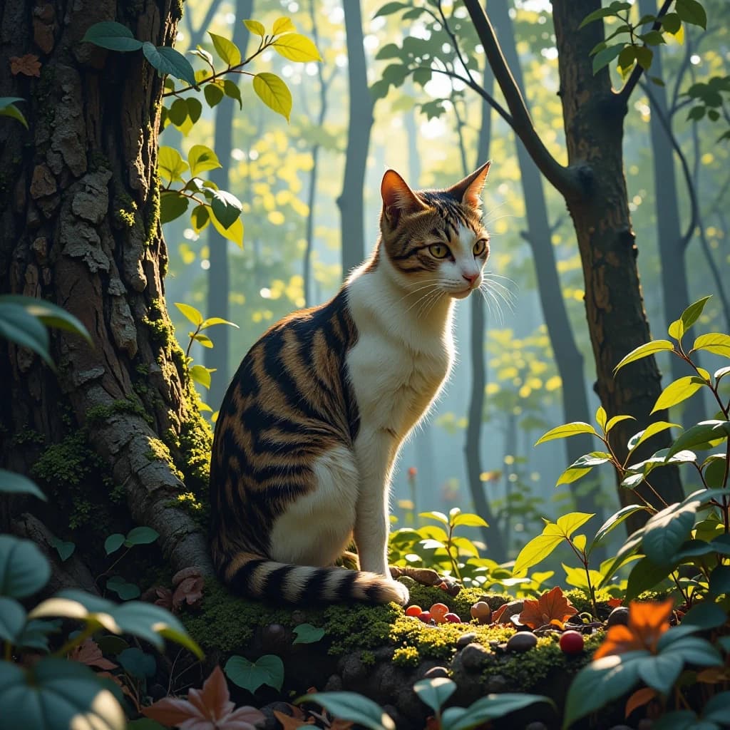 кот, птица, лес