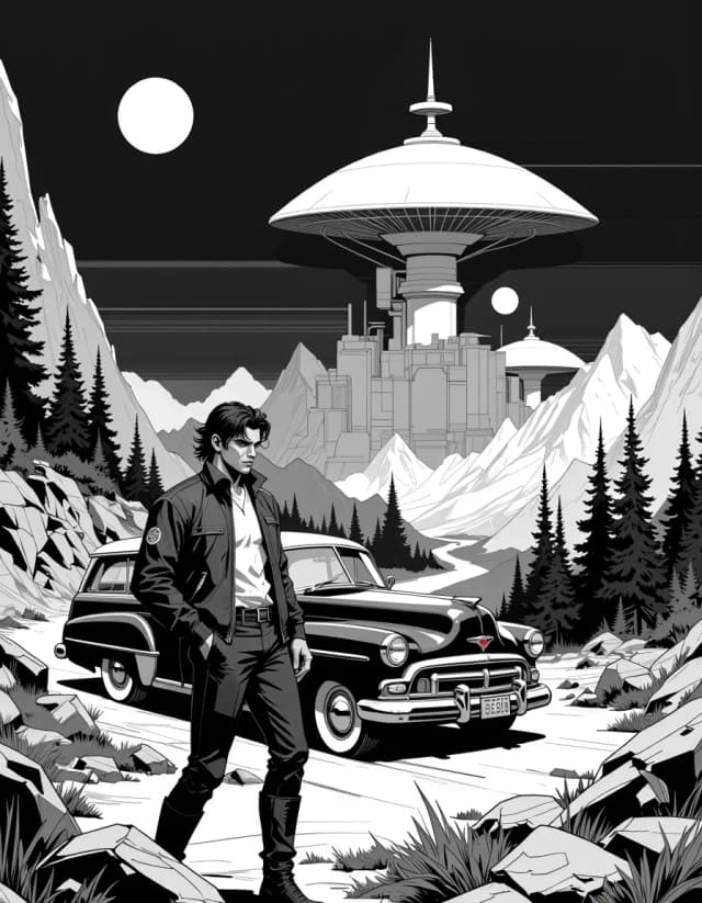 A masterpiece,  in the style of the 1980s, with bold lines, dynamic strokes and rich textures, on background with a touch of nostalgia, perhaps with subtle drawings inspired by cellulose and vintage, worn textures similar to paper, oil painting, Retro‑futuristic monochrome pulp sci‑fi illustration, vertical composition, high‑contrast black ink and wash with subtle blue tint in the night sky, textured aged paper edges and film grain. Foreground: rugged alpine flora, rocks and wildflowers framing a dirt road. Center left: a stoic young man in a bomber jacket and high boots, standing beside a glossy 1940s era station wagon rendered with deep chrome reflections, heavy tire treads, and realistic metal highlights. Midground: winding road leading to a radar facility with multiple large parabolic satellite dishes perched on concrete buildings, pine trees punctuating the scene. Background: jagged mountains under a starry sky with two visible moons, dramatic rim moonlight casting long shadows and sharp highlights. Style: detailed ink engraving and brushwork, halftone texture, stippling for gradients, cinematic lighting, moody noir atmosphere, nostalgic 1940s poster aesthetic, ultra‑detailed, high resolution, crisp linework and rich tonal range. celshading, simple background