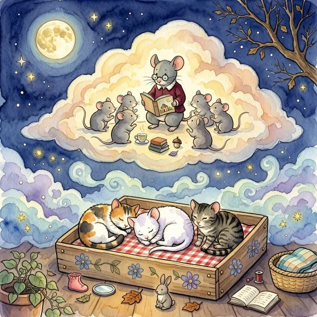 Иллюстрация к детской книге, техника многослойной акварели на фактурной бумаге яичная скорлупа. На переднем плане маленькие пушистые котята спят в коробке. Над ними  туман, визуализирующий их сны. Внутри облака сна серая мышь читает книжку маленьким мышатам. у. Настроение волшебное, безмятежное и детское. Сказочный ночной покой, дух советских диафильмов, работы Чижикова, детальная проработка теней. Без текста, 4K.