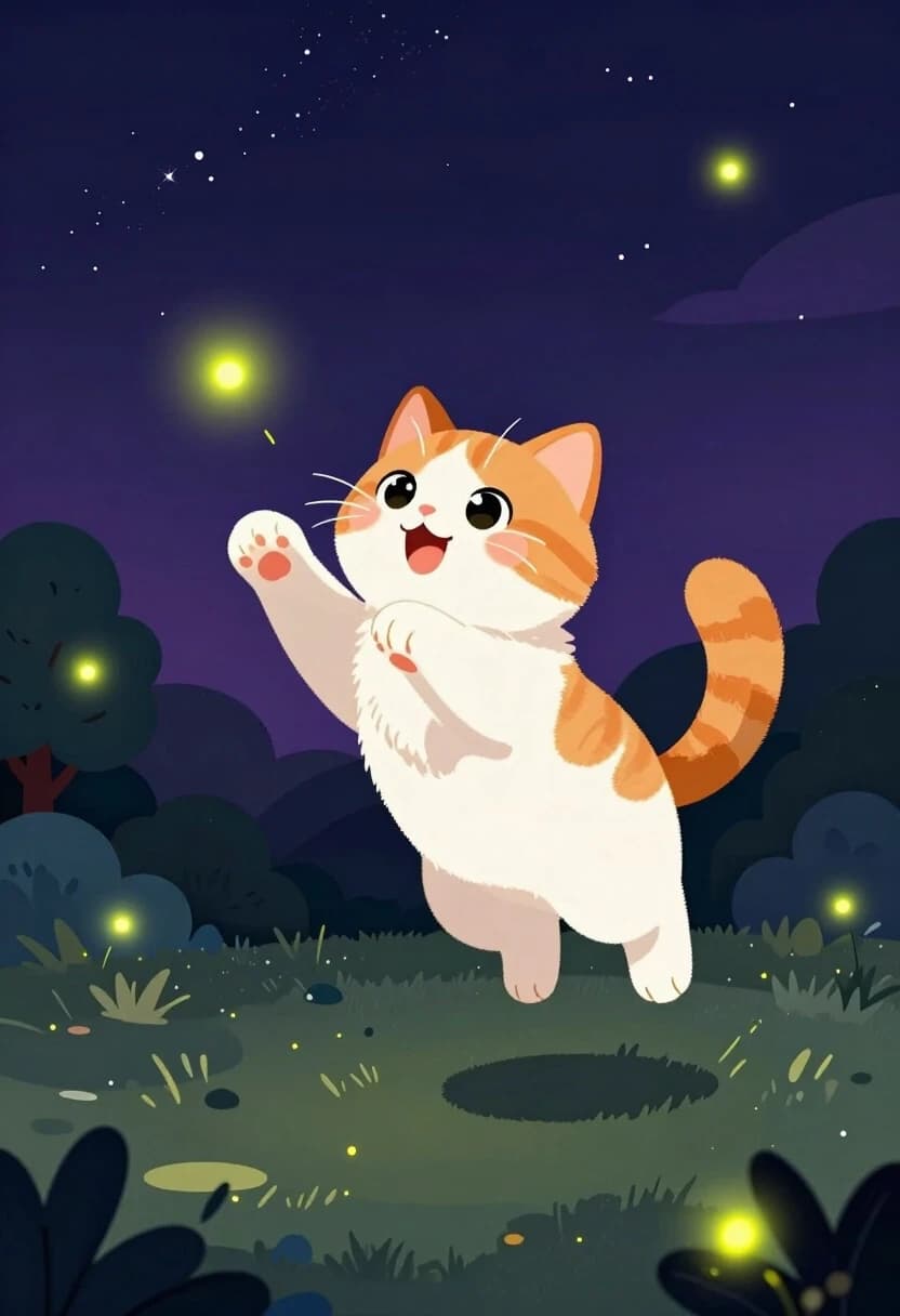 a cute fluffy orange and white cat with big round sparkling eyes, pink nose, rosy cheeks and a joyful open-mouthed smile, leaping playfully through the air with paws outstretched to catch glowing yellow-green fireflies. Deep dark night sky in rich indigo and deep purple tones with soft white stars and small sparkles. Dark green grassy ground with muted dark green and blue bushes and a small tree on the left. Fireflies are simple