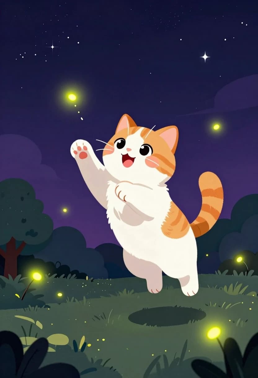 a cute fluffy orange and white cat with big round sparkling eyes, pink nose, rosy cheeks and a joyful open-mouthed smile, leaping playfully through the air with paws outstretched to catch glowing yellow-green fireflies. Deep dark night sky in rich indigo and deep purple tones with soft white stars and small sparkles. Dark green grassy ground with muted dark green and blue bushes and a small tree on the left. Fireflies are simple