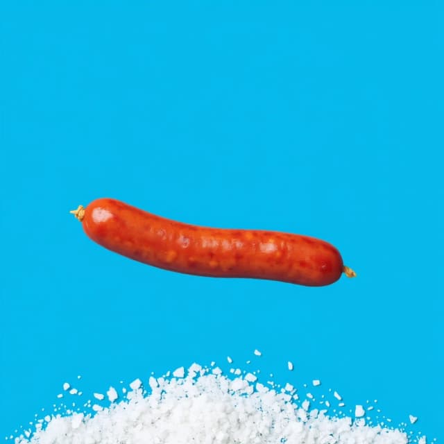 An award-winning, professional-grade photograph set against a pristine blue background. A true masterpiece—exquisitely beautiful. A stick of smoked sausage rests atop a bed of scattered salt.
