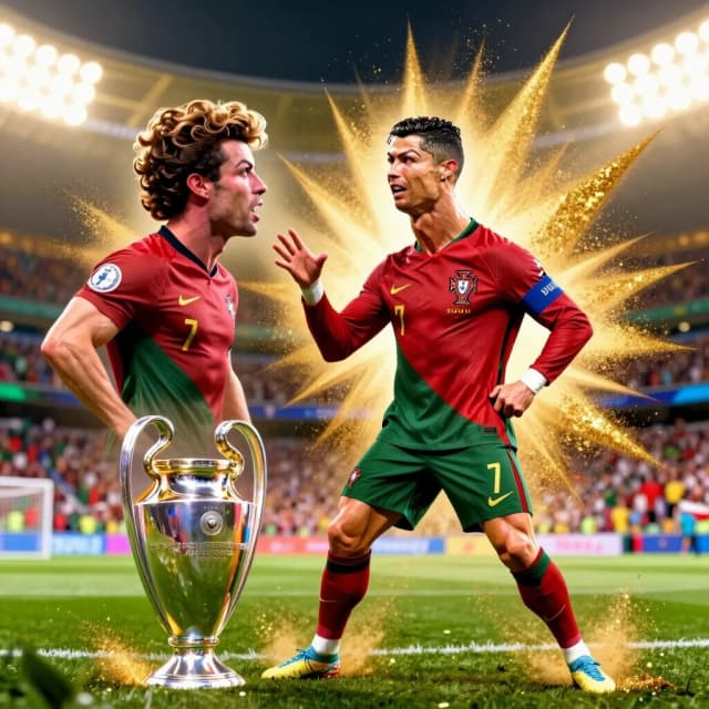 Hyper-realistic caricature of Cristiano Ronaldo, whose muscles have become so gigantic they have their own faces and are arguing with each other. His iconic "SIUUU" pose is frozen in time, creating a sonic boom of gold dust. He is staring into an infinity mirror that shows his past hairstyles and goal celebrations. His calves are shaped like the Champions League trophy. He wears a Portugal jersey that is struggling to contain his physique. Background: a golden spotlight in a massive stadium. Loud, arrogant, colorful, 2:3 vertical. No text.