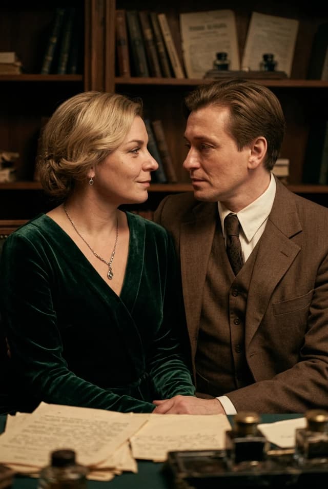 Cinematic film still, hyper-realistic photography. A romantic and melancholic scene set in a dimly lit, atmospheric 1920s Russian intelligentsia salon. A beautiful woman, portraying a soulful Poetess, is captured in a moment of deep emotional connection. She is sitting closely to Sergey Yesenin (portrayed by Sergey Bezrukov), who gazes at her with profound admiration and poetic longing. The lighting is soft, warm, and dramatic, reminiscent of Rembrandt lighting, with gentle chiaroscuro effects that emphasize the textures of their skin and clothing. The woman has natural skin texture with subtle imperfections, maintaining her exact facial features and proportions. She is dressed in elegant, period-accurate vintage attire made of silk and lace. The environment is rich with detail: heavy velvet curtains, a wooden table with an inkwell, scattered handwritten manuscripts, and a faint haze of cigarette smoke catching the light. Shallow depth of field with a soft bokeh background to focus entirely on the intimate interaction. Shot on 35mm film, high grain detail, muted vintage color palette, soulful and nostalgic mood, masterpiece quality, 8k resolution, incredibly lifelike.