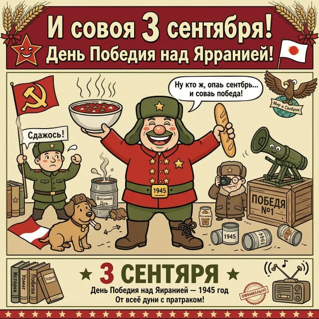 Создай изображение на тему песни Шуфутинского "И снова 3 сентября" добавь к нему, что 3 сентября - день победы над Японией
Проверь все надписи на соответствие русскому языку. Сделай картинку в юмористическом стиле