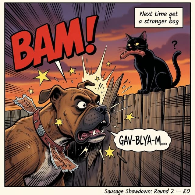 Comic book panel, side view, close-up on impact. Brown boxer dog crashes face-first into wooden fence, stars and wood splashes around his head. Black cat sits on top of fence on the right side, sausage still in teeth, looking at sunset, tail in question mark shape. Torn store package now fully destroyed, hanging from dog's collar. Darker sunset, purple-orange sky. Motion lines. Style: Teenage Mutant Ninja Turtles comic + DreamWorks storyboard. Large sound effect: "BAM!". Speech bubble from dog: "GAV-BLYA-M...". Thought bubble from cat: "Next time get a stronger bag". Small author text bottom: "Sausage Showdown: Round 2 — KO