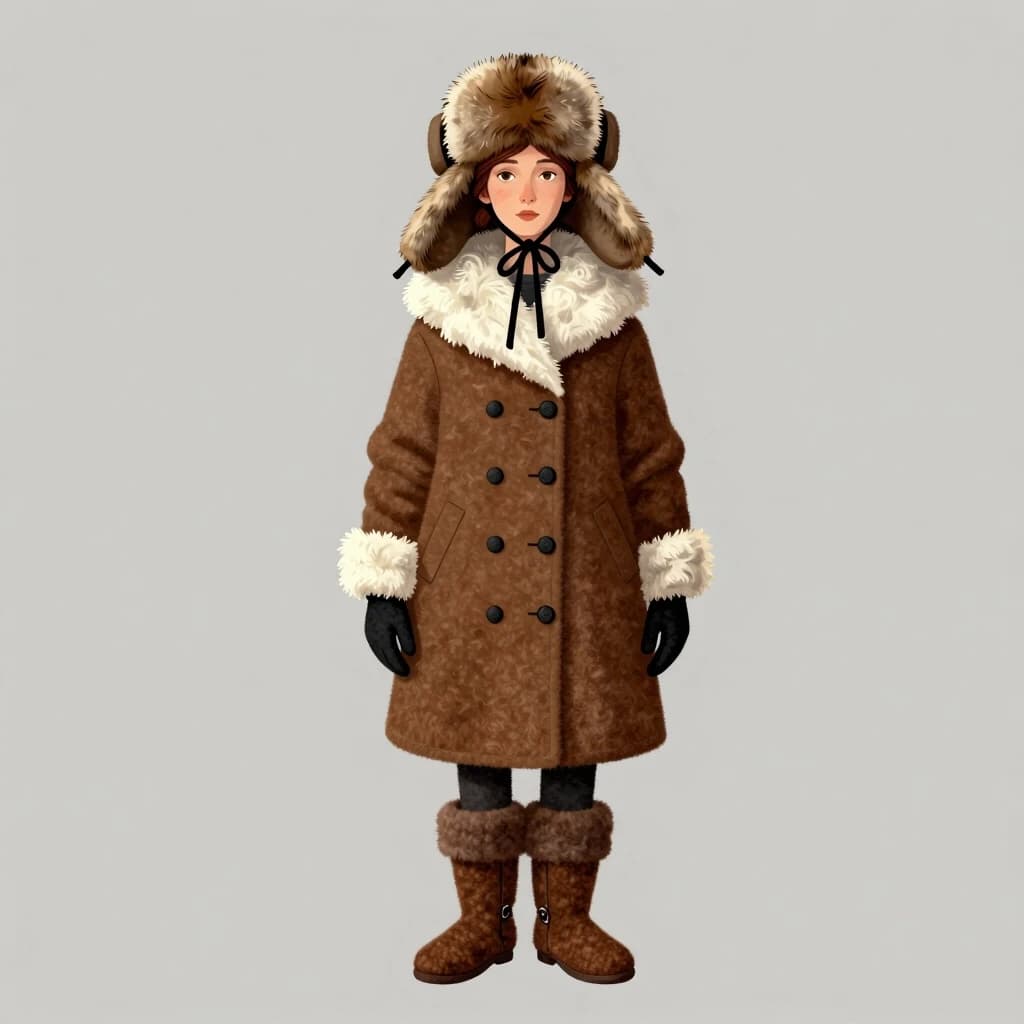 Photo-style illustration by Nicoletta Ciccoli. A woman wearing an ushanka hat with wide fur flaps and laces; a brown coat with a fluffy white fur collar; standing full-length; black buttons; brown wool-and-fur felt boots; black gloves with fluffy white fur trim at the cuffs. Style reminiscent of Brian Froud; precise anatomical detail; hat laces tied in a bow under the chin.