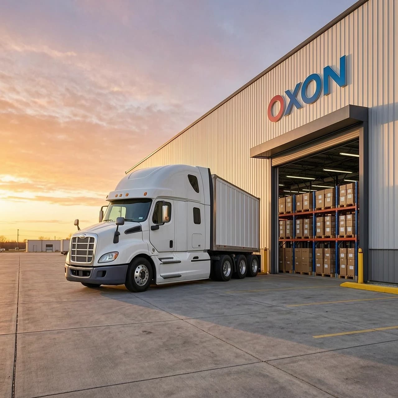 A massive white semi-truck slowly backs up to a large Ozon fulfillment warehouse loading dock at sunrise. Wide angle, realistic lighting