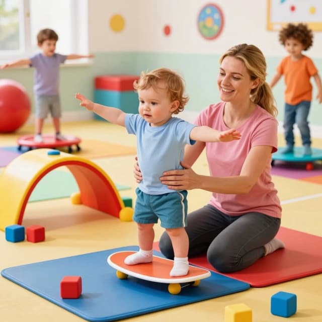 A light-brown-haired toddler standing on a balance board with arms outstretched, a Caucasian mom with blond hair sitting next to him gently holding his waist. Around are colorful massage mats, a crawling arch, soft blocks. In the background other Caucasian children (with fair hair) are bouncing on fitballs. Bright, energetic illustration in children's book style.