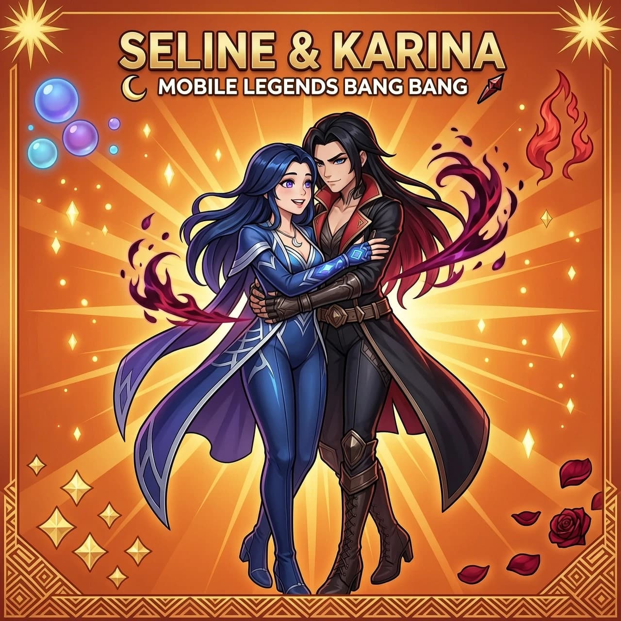 Арт на глваную обложку для чата по mobile legends bang bang, нарисуй по середине персонажа селену в обнимку с Кариной, на ярком оранжевом фоне а сами