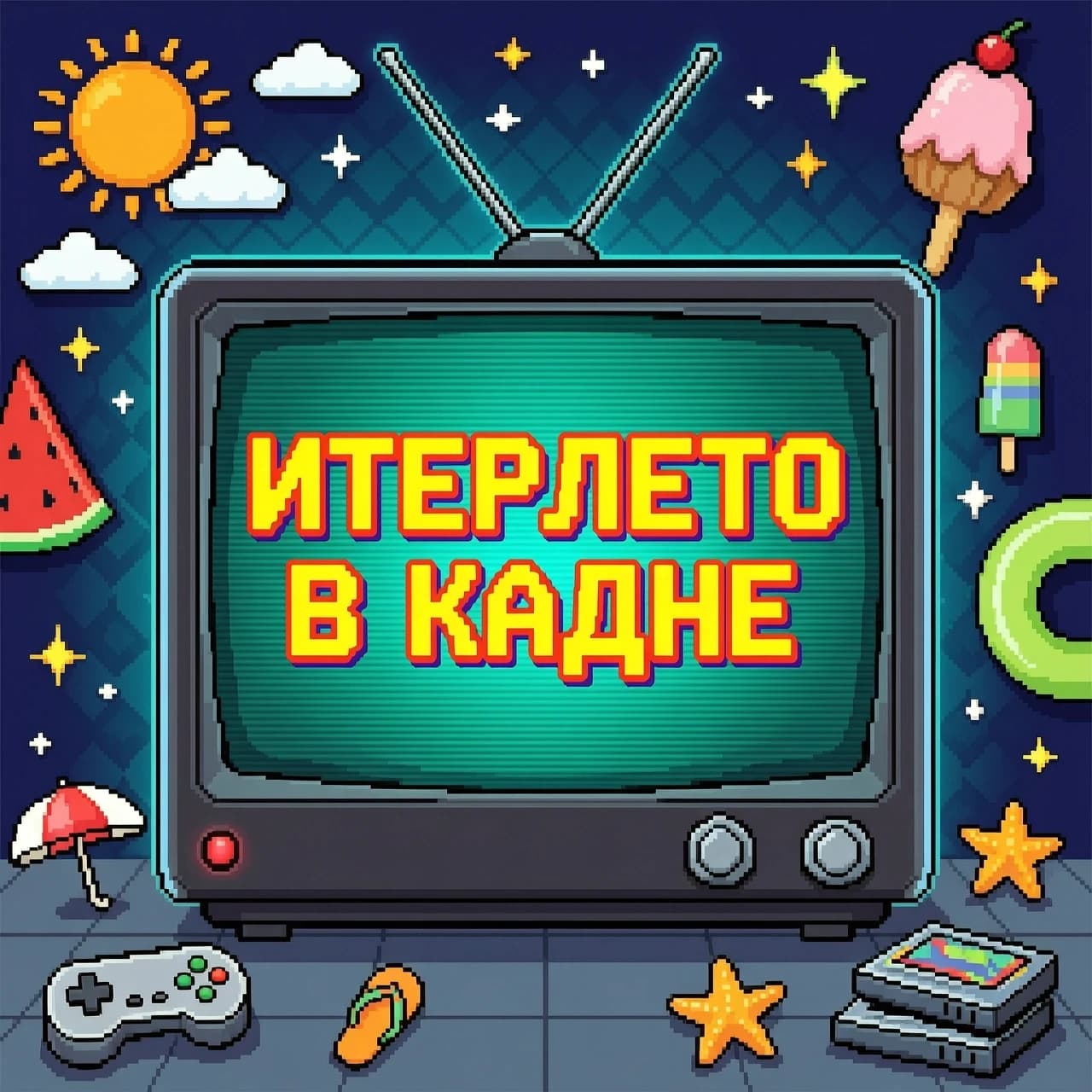 постер, надпись "Итерлето в кадре", в стиле 8битных игр, надпись расположена на экране телевизора