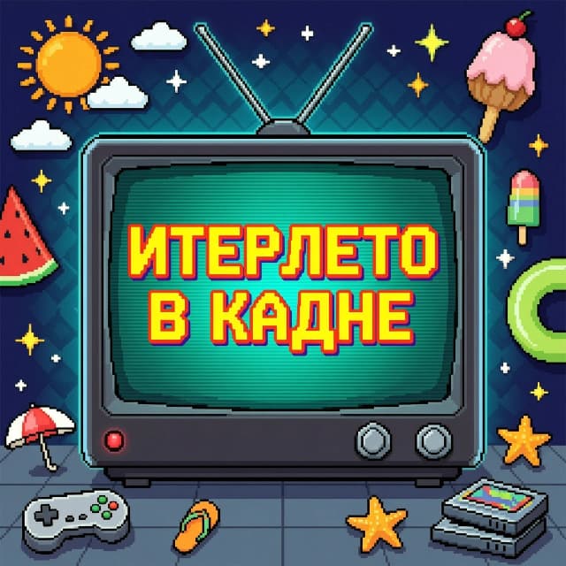 постер, надпись "Итерлето в кадре", в стиле 8битных игр, надпись расположена на экране телевизора