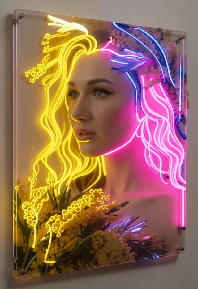 Step 1: Analyze the main subject reference photo and lock its exact face, hair, and flower contours. Step 2: Overlay a clear custom-cut transparent acrylic plexiglass sheet directly on top of this high-quality photographic canvas print backing. Step 3: Inside the acrylic sheet, carve clean structural 8mm tracks following only the simplified major outlines of the hair and mimosa stems. Step 4: Press solid continuous flexible 3D yellow LED neon lines into the flower tracks, and electric-pink combined with deep cyber-blue neon cords into the hair tracks, avoiding any chaotic stray lines on the clear face skin. The neon lines must sit tightly inside the carved channels as tangible physical light tubes with visible end-caps. Intense electric yellow and pink luminescence casting realistic 3D volumetric light bloom and soft colored glow directly onto the photographic print underneath. Premium handcrafted neon art installation gallery setting, highly detailed commercial product photography, 8k, no text.