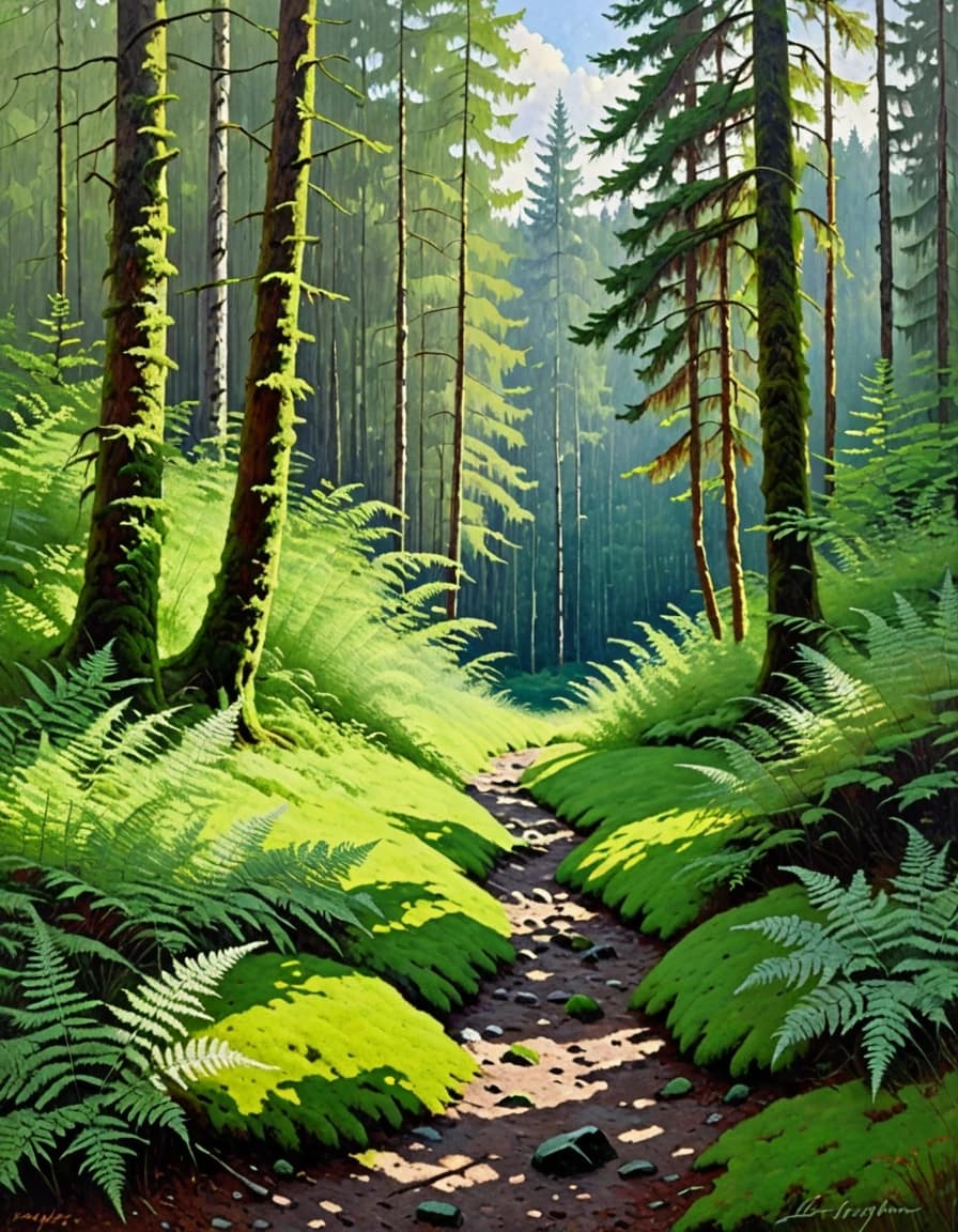 A masterpiece. Creating an image. Style - oil painting. ((A secluded forest glade among ferns and moss:1.6)). High resolution. High detail and clear texture. Close-up. High quality. Increased attention to small details. The aspect ratio is 3:4. The artist is a Levitan.