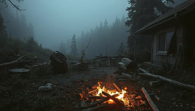 Зона сталкеров. На переднем плане костер. Стелется туман. У костра забытый рюкзак.