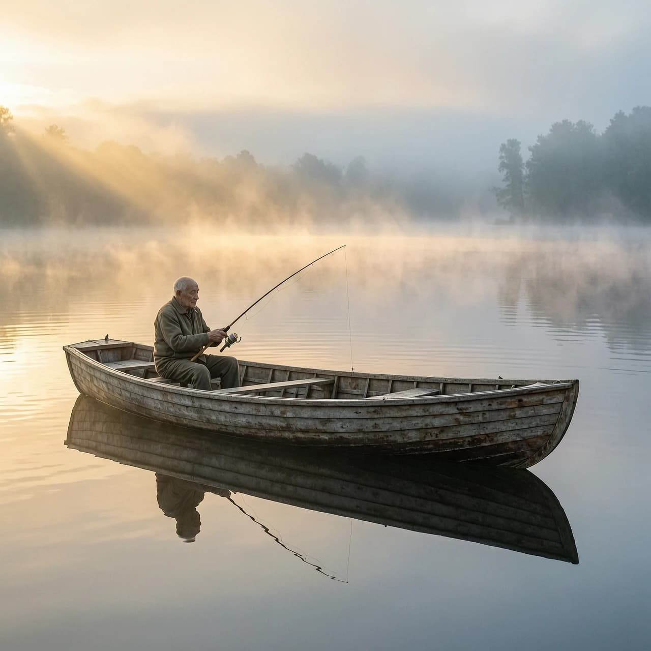 A solitary wooden rowing boat floating in the middle of a vast, mirror-like lake, enveloped in a thick, ethereal morning mist. An elderly fisherman sits peacefully in the boat, holding a traditional fishing rod, poised in a moment of quiet contemplation. The scene is illuminated by the breathtaking first light of a golden sunrise breaking through the fog, creating long, soft rays of light (god rays) that dance on the water's surface. Cinematic composition with a wide shot, capturing the immense scale of the tranquil nature. Hyper-realistic digital painting style with fine textures of weathered wood, rippling water, and soft atmospheric haze. Mood is serene, meditative, and soulful. Soft pastel colors, warm golden hues blending into cool misty blues, highly detailed environment, 8k resolution, masterpiece.