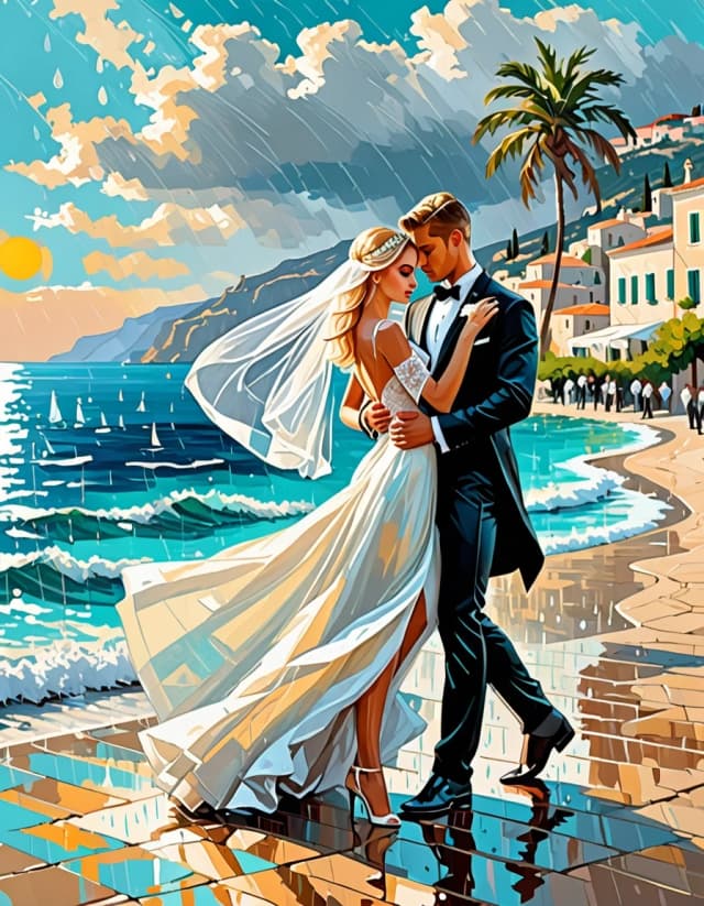 A masterpiece. Creating an image. Style - oil painting. ((On the shore of the turquoise sea, against the background of the Mediterranean landscape, a beautiful blonde girl in a wedding dress and a veil and a handsome young man in a tuxedo are dancing in the foreground, holding hands, waltzing under the warm summer rain, the sun is shining:1.6)). High resolution. High detail and clear texture. Close-up. High quality. Increased attention to small details. The aspect ratio is 3:4. The artists are Levitan, Shishkin.