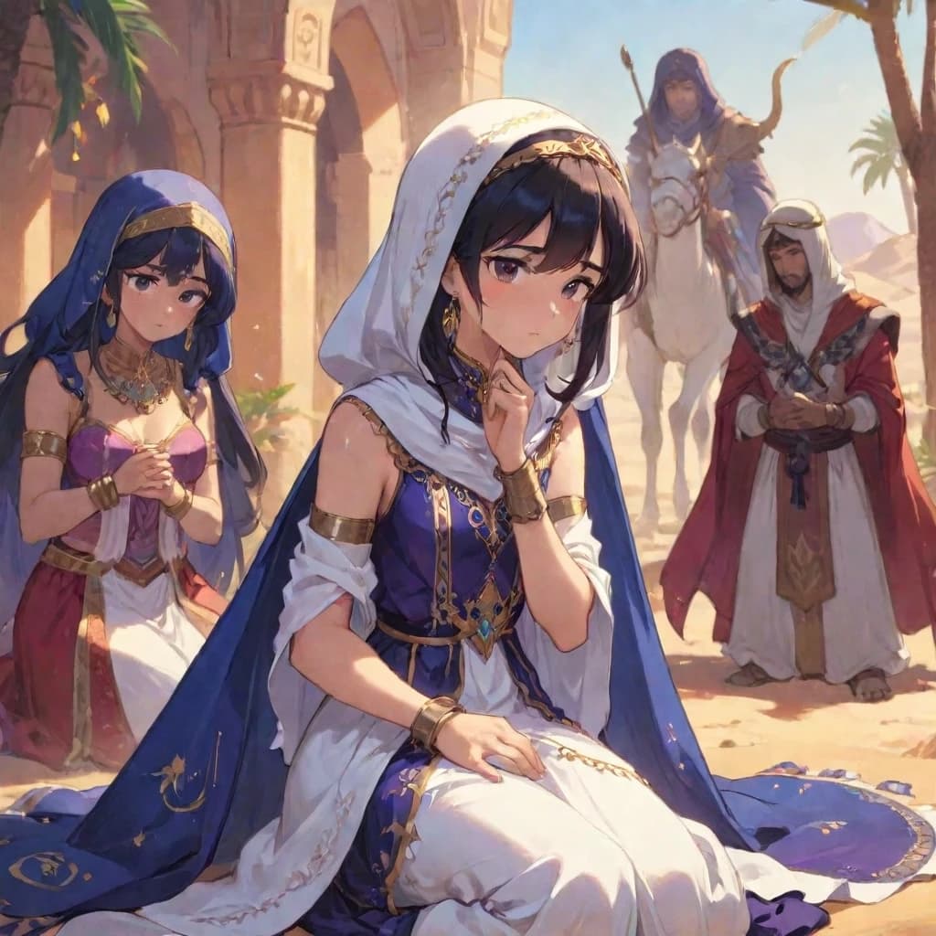 In the background of the desert sit with sad and sorrowful faces, characters from the Arabian fairy tales Thousand One Nights, they have mourning and tears in their eyes. Aladdin in a beautiful shawl, Shaherezada in an expensive Arabic dress, wearing precious jewelry on hands and neck, Ali-Baba in a shawl and sleeveless, robber in helmet and with sword in hand and Hajja Nasreddin in old, Zhattopankhala. Just behind them stands a sad camel, with tears in his eyes.