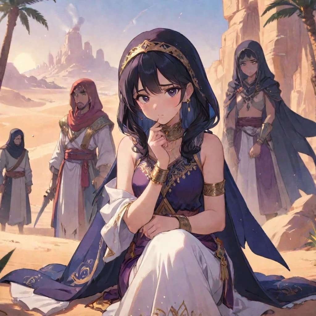 In the background of the desert sit with sad and sorrowful faces, characters from the Arabian fairy tales Thousand One Nights, they have mourning and tears in their eyes. Aladdin in a beautiful shawl, Shaherezada in an expensive Arabic dress, wearing precious jewelry on hands and neck, Ali-Baba in a shawl and sleeveless, robber in helmet and with sword in hand and Hajja Nasreddin in old, Zhattopankhala. Just behind them stands a sad camel, with tears in his eyes.