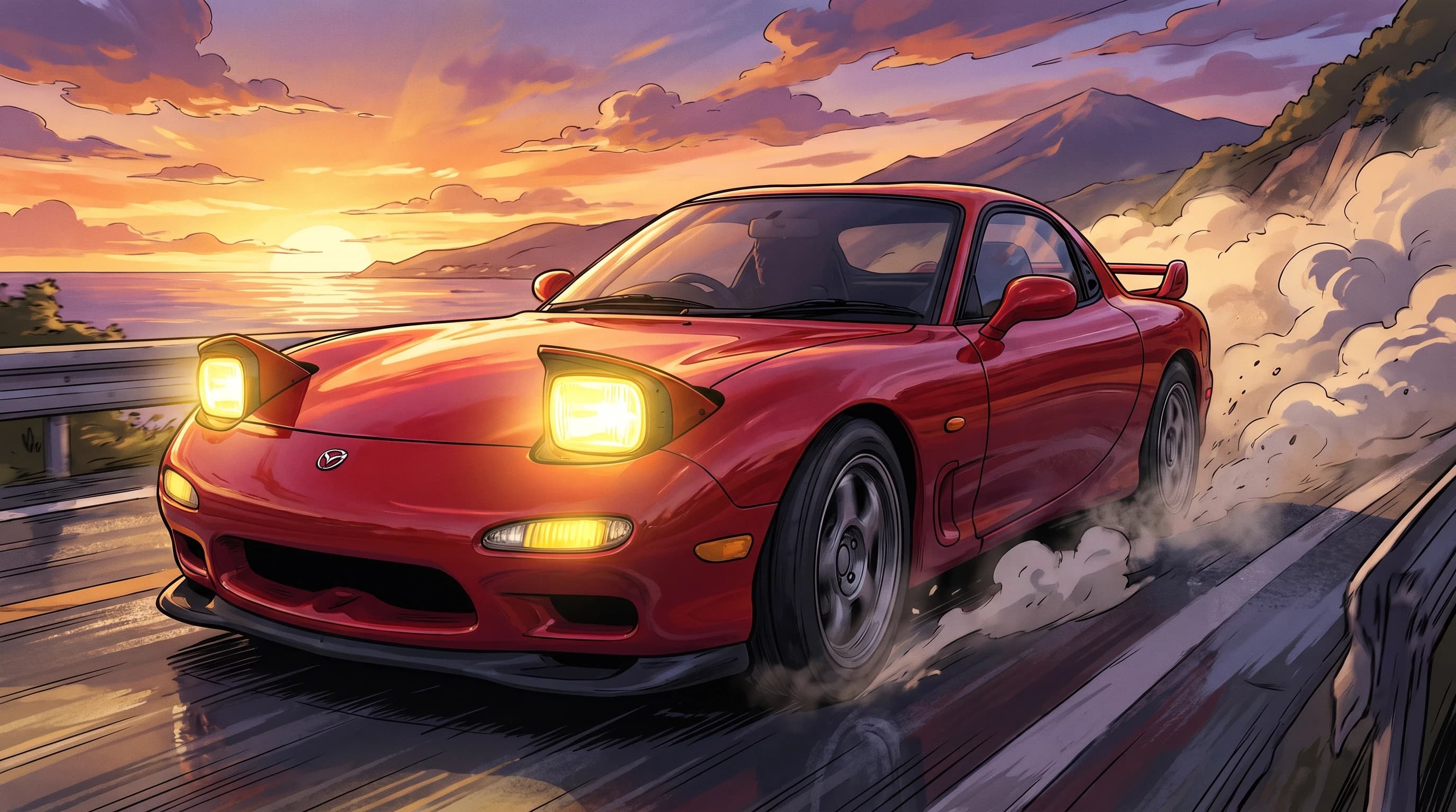 Mazda RX-7, едет по дороге, эпичный ракурс, горящие фары, на фоне рассвета, шедевр, крупный план, стиль аниме с реалистичными деталями