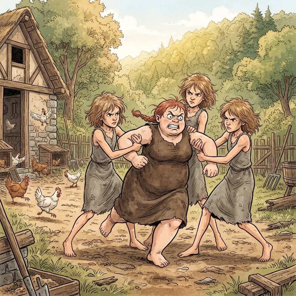 Subject and Setting: Four girls wrestling, three holding one by the arms in a backyard, low fantasy.
Character (left): Tall, very plump, broad-shouldered. Short red braid, clenched teeth, bulging eyes. Rough, short, sleeveless, dark brown dress.
Characters (surrounding): Thin. Tousled light brown hair, pressed lips, intense gaze. Rough, short, sleeveless, gray dress. Background (left): Tall peasant hut. A yard with several frightened chickens.
Background (distance): Sunlit wooded hill, daylight.
Style and Texture: European ligne claire / BD comics.

Lighting and Color. Warm daylight, muted ochre, earthy, sage-green palette.
Specifications: Panoramic view, 4:3 aspect ratio.