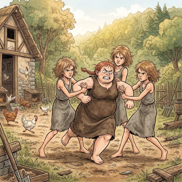 Subject and Setting: Four girls wrestling, three holding one by the arms in a backyard, low fantasy.
Character (left): Tall, very plump, broad-shouldered. Short red braid, clenched teeth, bulging eyes. Rough, short, sleeveless, dark brown dress.
Characters (surrounding): Thin. Tousled light brown hair, pressed lips, intense gaze. Rough, short, sleeveless, gray dress. Background (left): Tall peasant hut. A yard with several frightened chickens.
Background (distance): Sunlit wooded hill, daylight.
Style and Texture: European ligne claire / BD comics.

Lighting and Color. Warm daylight, muted ochre, earthy, sage-green palette.
Specifications: Panoramic view, 4:3 aspect ratio.