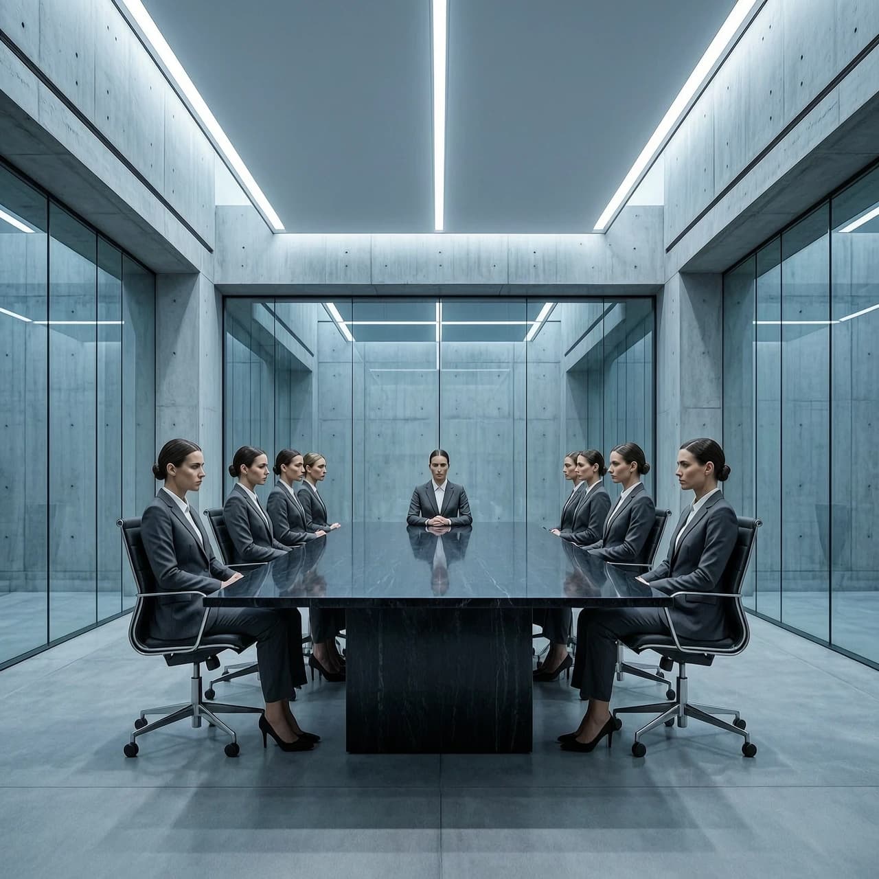 A cinematic, hyper-realistic wide shot of a futuristic corporate boardroom, embodying the concept of absolute rationalism and strict discipline. The environment is a masterpiece of minimalist brutalist architecture, characterized by sharp geometric lines, polished grey concrete, and seamless glass surfaces. A group of professional employees, dressed in identical, impeccably tailored dark grey suits, sit in perfect, symmetrical formation around a massive monolithic obsidian table. Every person maintains a rigid, disciplined posture, eyes focused forward with clinical precision, reflecting a culture of total adherence to protocol. The lighting is cold, high-contrast, and surgical, with cool blue and sterile white tones emanating from recessed linear LED strips, creating sharp shadows that emphasize the lack of ambiguity. The composition is perfectly centered and symmetrical, utilizing a one-point perspective to evoke a sense of overwhelming order and mathematical inevitability. The atmosphere is sterile, silent, and intensely serious, captured in the style of high-end architectural photography with a shallow depth of field, emphasizing the flawless textures of steel, stone, and fabric. 8k resolution, highly detailed, shot on Phase One XF, clinical aesthetic.