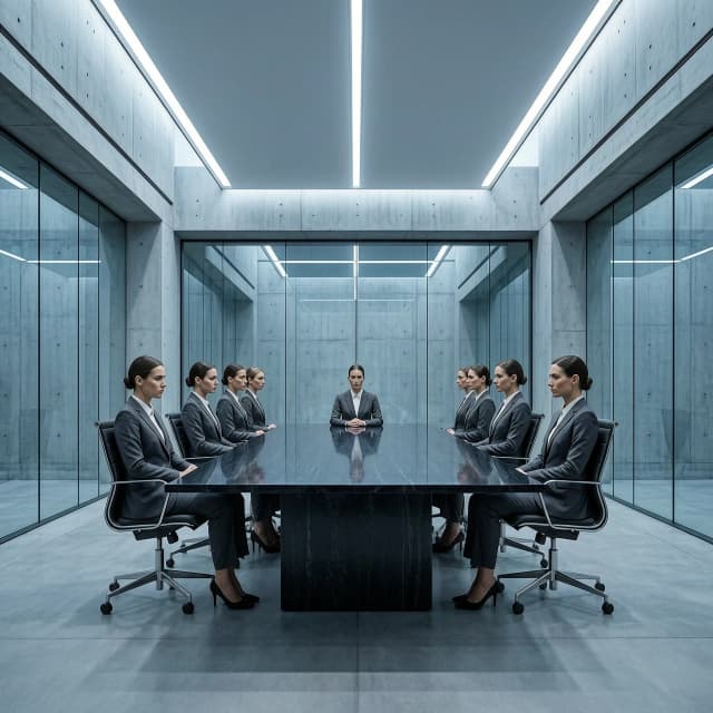 A cinematic, hyper-realistic wide shot of a futuristic corporate boardroom, embodying the concept of absolute rationalism and strict discipline. The environment is a masterpiece of minimalist brutalist architecture, characterized by sharp geometric lines, polished grey concrete, and seamless glass surfaces. A group of professional employees, dressed in identical, impeccably tailored dark grey suits, sit in perfect, symmetrical formation around a massive monolithic obsidian table. Every person maintains a rigid, disciplined posture, eyes focused forward with clinical precision, reflecting a culture of total adherence to protocol. The lighting is cold, high-contrast, and surgical, with cool blue and sterile white tones emanating from recessed linear LED strips, creating sharp shadows that emphasize the lack of ambiguity. The composition is perfectly centered and symmetrical, utilizing a one-point perspective to evoke a sense of overwhelming order and mathematical inevitability. The atmosphere is sterile, silent, and intensely serious, captured in the style of high-end architectural photography with a shallow depth of field, emphasizing the flawless textures of steel, stone, and fabric. 8k resolution, highly detailed, shot on Phase One XF, clinical aesthetic.