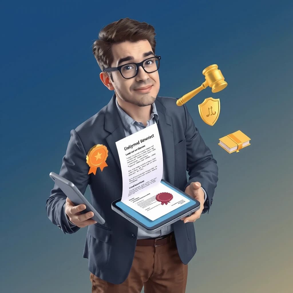 Isometric 3D illustration, middle-aged man standing relaxed, holding a smartphone in his hand, a bright 3D document with a seal and text flying out of the phone screen, floating icons of a judge's gavel, a shield, law books, vibrant deep blue and gold background, modern minimalism, 8k, rich lighting, detailed, isometric style, social media creative, advertising style --ar 16:9