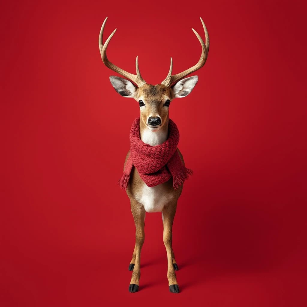 Draw a symmetrical frontal frame in the style of Wes Anderson for the A6 format. In the center is a full—length deer, it stands quietly, with a dusty red wool scarf with fringes around its neck. The background is smooth, muted red, without unnecessary details. Palette: dusty red, brown, beige, white. The lighting is warm and soft, and the shadows are smooth. High detail: deer fur texture, scarf weave, anatomically precise proportions. No labels. 8K, cinematic frame.
