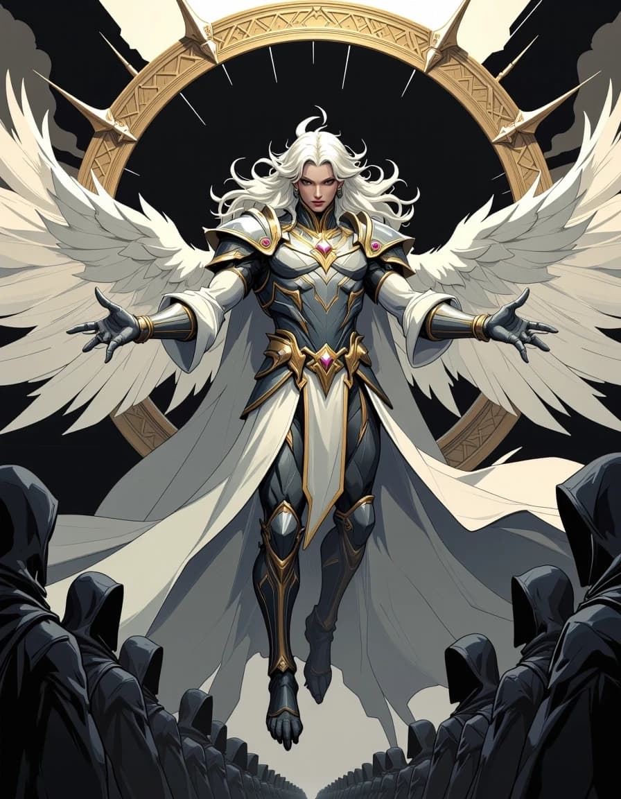 A masterpiece,  in the style of the 1980s, with bold lines, dynamic strokes and rich textures, on background with a touch of nostalgia, perhaps with subtle drawings inspired by cellulose and vintage, worn textures similar to paper,oil painting, A monumental, hyper-detailed fantasy scene: a majestic, androgynous angelic figure floats centered in frame before an enormous ornate circular halo, wings outstretched, hair like white flame, expression solemn and authoritative. Intricate silver-gold armor and flowing robes embroidered with filigree and gemstones, each feather and metal etching rendered with micro-detail. Backlit by a black circular void surrounded by radiant rim light and volumetric sunbeams piercing storm clouds. Symmetrical composition, dramatic chiaroscuro, desaturated silver-and-ivory palette with subtle warm gold accents on the halo and armor. Below, an endless assembly of hooded figures recedes into atmospheric depth, tiny in scale to emphasize epic size. Cinematic wide-angle perspective, deep focus, soft fog, glancing specular highlights, realistic fabric folds and feather texture. Highly detailed digital painting / photorealistic illustration, 8k resolution, ultra-sharp, no text or logos, evoke awe, reverence, and sublime grandeur . celshading, simple background