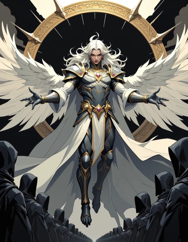 A masterpiece,  in the style of the 1980s, with bold lines, dynamic strokes and rich textures, on background with a touch of nostalgia, perhaps with subtle drawings inspired by cellulose and vintage, worn textures similar to paper,oil painting, A monumental, hyper-detailed fantasy scene: a majestic, androgynous angelic figure floats centered in frame before an enormous ornate circular halo, wings outstretched, hair like white flame, expression solemn and authoritative. Intricate silver-gold armor and flowing robes embroidered with filigree and gemstones, each feather and metal etching rendered with micro-detail. Backlit by a black circular void surrounded by radiant rim light and volumetric sunbeams piercing storm clouds. Symmetrical composition, dramatic chiaroscuro, desaturated silver-and-ivory palette with subtle warm gold accents on the halo and armor. Below, an endless assembly of hooded figures recedes into atmospheric depth, tiny in scale to emphasize epic size. Cinematic wide-angle perspective, deep focus, soft fog, glancing specular highlights, realistic fabric folds and feather texture. Highly detailed digital painting / photorealistic illustration, 8k resolution, ultra-sharp, no text or logos, evoke awe, reverence, and sublime grandeur . celshading, simple background
