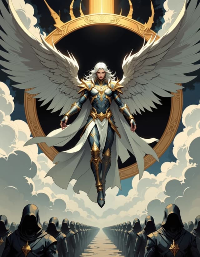 A masterpiece,  in the style of the 1980s, with bold lines, dynamic strokes and rich textures, on background with a touch of nostalgia, perhaps with subtle drawings inspired by cellulose and vintage, worn textures similar to paper,oil painting, A monumental, hyper-detailed fantasy scene: a majestic, androgynous angelic figure floats centered in frame before an enormous ornate circular halo, wings outstretched, hair like white flame, expression solemn and authoritative. Intricate silver-gold armor and flowing robes embroidered with filigree and gemstones, each feather and metal etching rendered with micro-detail. Backlit by a black circular void surrounded by radiant rim light and volumetric sunbeams piercing storm clouds. Symmetrical composition, dramatic chiaroscuro, desaturated silver-and-ivory palette with subtle warm gold accents on the halo and armor. Below, an endless assembly of hooded figures recedes into atmospheric depth, tiny in scale to emphasize epic size. Cinematic wide-angle perspective, deep focus, soft fog, glancing specular highlights, realistic fabric folds and feather texture. Highly detailed digital painting / photorealistic illustration, 8k resolution, ultra-sharp, no text or logos, evoke awe, reverence, and sublime grandeur . celshading, simple background