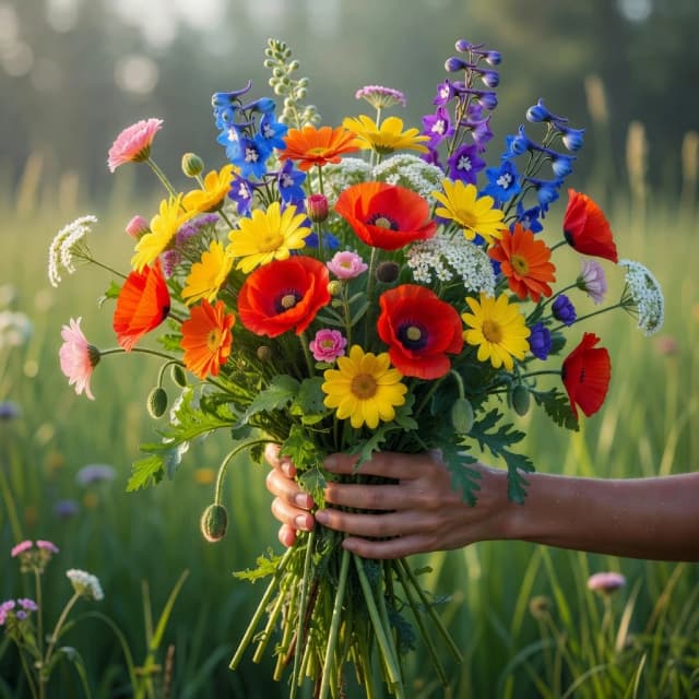 A bouquet of fresh wildflowers gathered in the hands. The composition uses bright colors: red poppies, yellow and orange daisies, blue and purple delphiniums, tiny white clusters and delicate pink buds. The stems and foliage are green. The background is a blurred meadow with green grass (bokeh effect). Daylight, soft sunlight, crisp details, realistic macro photography, floral aesthetics, vibrant colors, 8k, photorealistic.