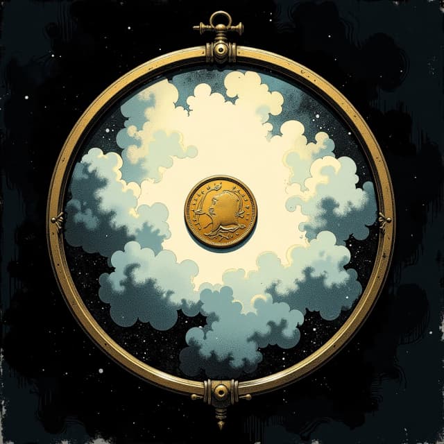 Круглая иконка для игры. Внутри иконки по центру на светлом фоне расположена только старинная золотая монета (и ничего более) (фон нарисован акварелью). Мрачные тона. Темная тонкая рамка в виде бронзового обруча, фон возле рамки слегка затемнен. Вокруг рамки черный фон.