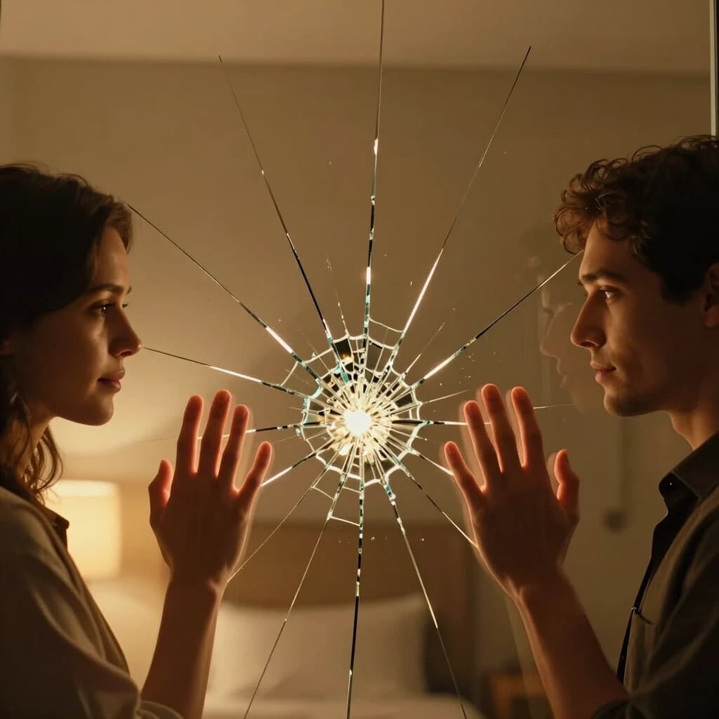 Cinematic close-up shot of two people standing on opposite sides of a large transparent glass panel, in a dimly lit modern room with soft warm lighting. They gently press their palms against the glass, directly opposite each other. Right where their hands meet, the glass begins to glow with a beautiful warm golden light and forms intricate, delicate cracks like a mosaic, but the glass does not shatter — instead, it becomes more beautiful and luminous. This symbolizes that conflict, when handled with care and respect, can strengthen and deepen a relationship rather than destroy it. Their faces show calm, loving, and understanding expressions. The upper part of the image is a softly lit blank wall, providing ample negative space for event text. Photorealistic, intimate, emotional, warm amber tones, hopeful atmosphere, 8k, shallow depth of field, 4:5 aspect ratio.