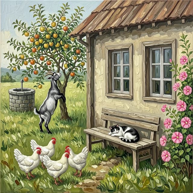 Рисунок маслом. Дом деревенский с двумя окнами. На заднем плане яблоня, серая коза стоит на задних лапах пытается достать верхнее яблоко. За яблоней старый колодец. Перед окнами скамья без спинки, на ней спит кот. На углу дома цветет мальва. Гуляют  три белые курицы