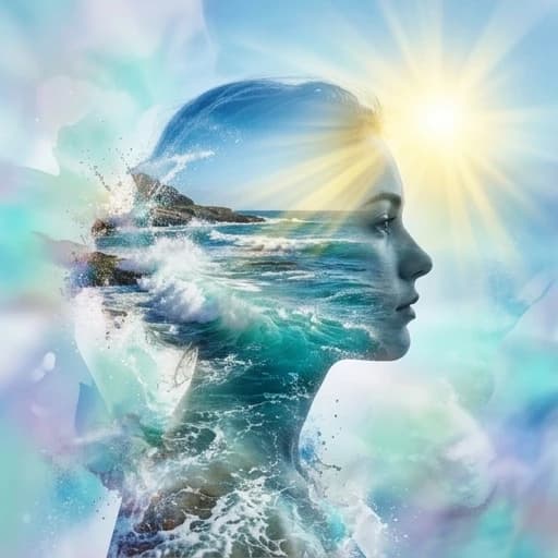 (Double exposure: 1,9). Abstract background (soft colors, marine theme). Seascape (waves, clear water, splashes) inside transparent silhouette of girl's profile. Dissolving colours. Dissolution of textures. Interpenetration of layers and textures. Stylistics: surrealism, realism. Based exclusively on cool colors + yellow sun rays