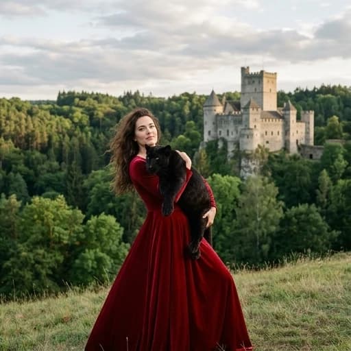 Женщина в красном платье, на руках пантера, невдалеке старинный замок, окружённый лесом.