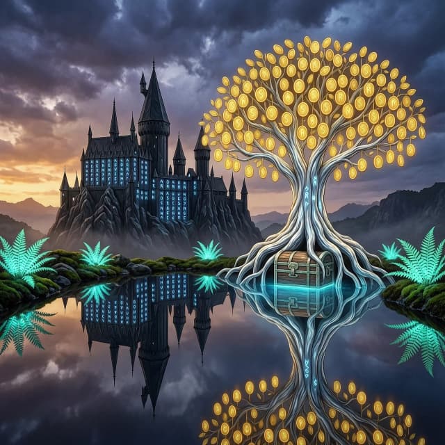 epic fantasy wall art of a grand obsidian castle with glowing runes under a stormy twilight sky, in the foreground a perfectly still mercury-black pond reflecting the castle upside down, growing from the center of the pond is a colossal money tree, its trunk is silver and roots form a treasure chest underwater, branches heavy with massive golden coin leaves and glowing magical runes emitting soft warm light, bioluminescent ferns on the banks, cinematic lighting, deep indigo and amber color palette, hyper-detailed, sharp focus, 8k, trending on Artstation