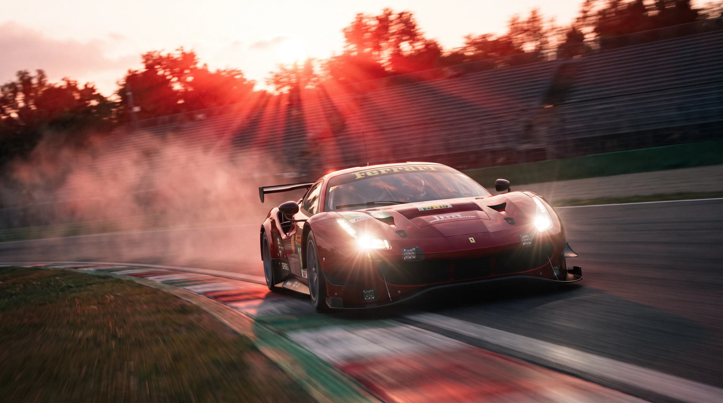 Ferrari 488 GT, едет по гоночной трассе, эпичный ракурс, красные лучи, горящие фары, эффект скорости, кинематографичная съёмка, шедевр