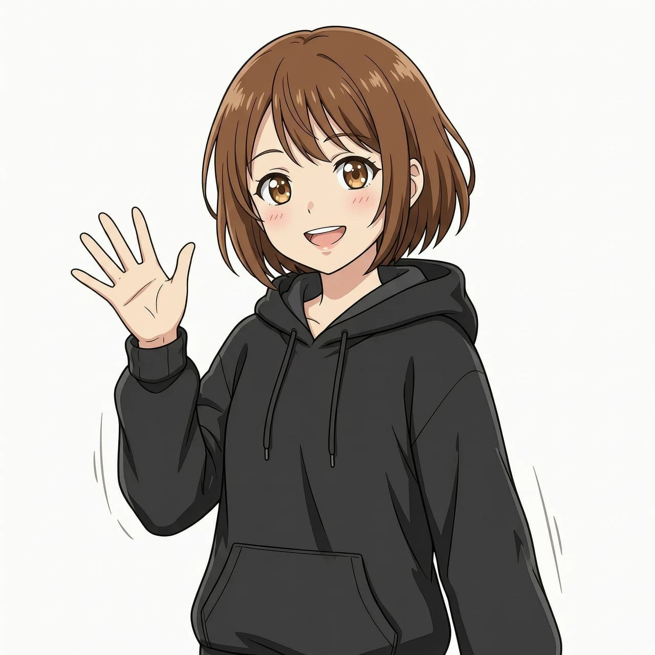 anime style, high quality anime aesthetic, 2D anime style, full-grown  anime girl, short brown hair, expressive brown eyes, wearing an oversize black hoodie, solid crisp white background, sharp clean outlines, cell shading, flat colors, professional key visual, close-up portrait, smiling happily, waving hand at camera, joyful anime expression
